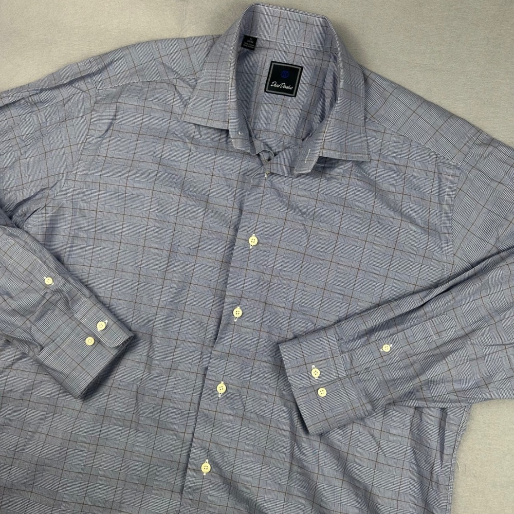 David Donahue Mens Blue Brown Glen Plaid Cotton Dress Shirt 17 34/35